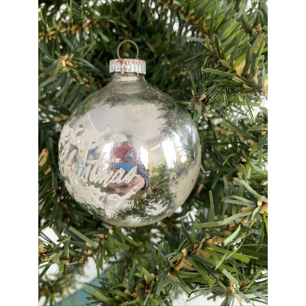 Vintage Shiny Brite Silver MERRY CHRISTMAS Mica Stenciled Ball Ornament Holiday